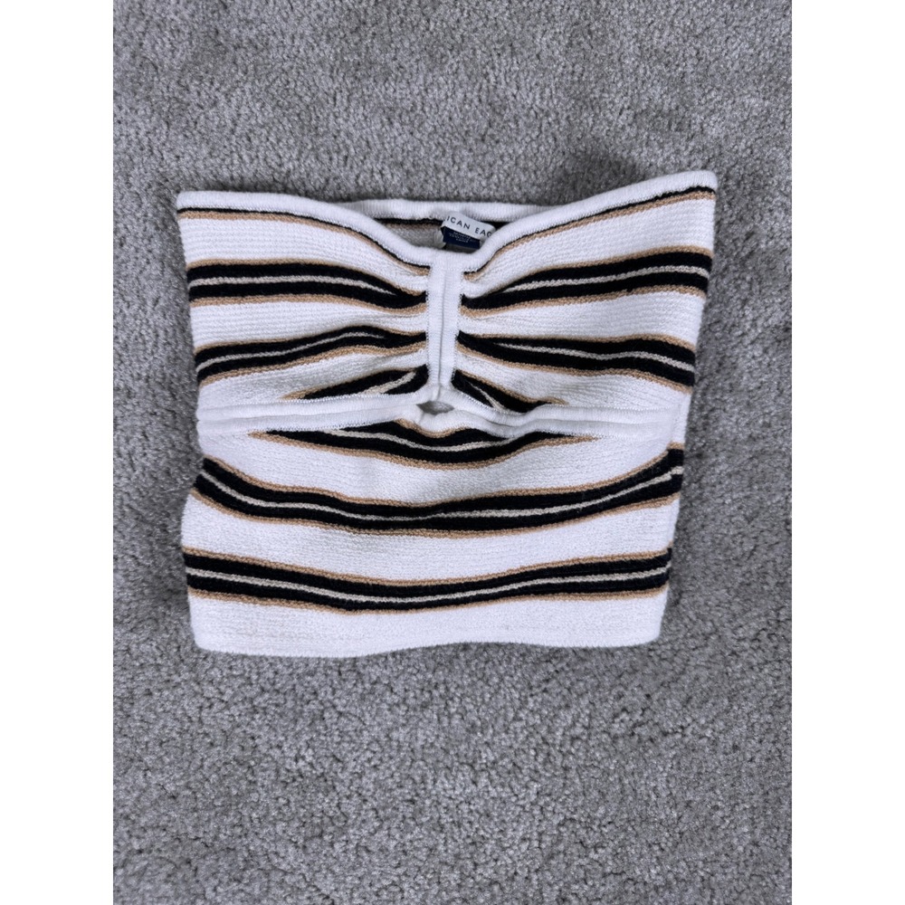 American Eagle Striped Knit Tube Top White Black Tan Keyhole Cutout Medium